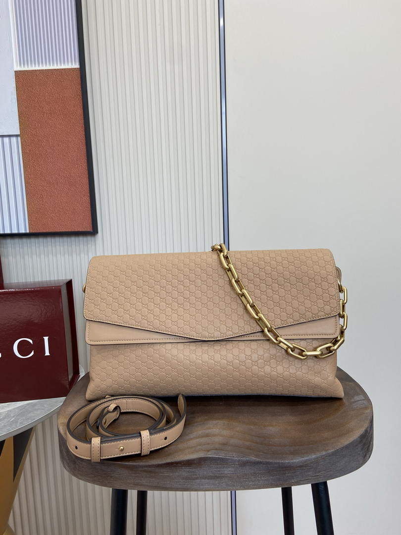 Gucci 857362 Large Shoulder With Chain Bag Leather Brown Pink GG