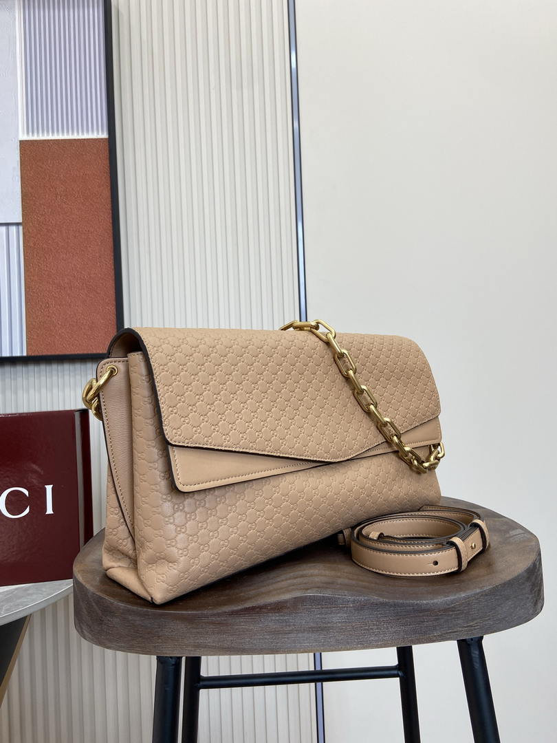 Gucci 857362 Large Shoulder With Chain Bag Leather Brown Pink GG