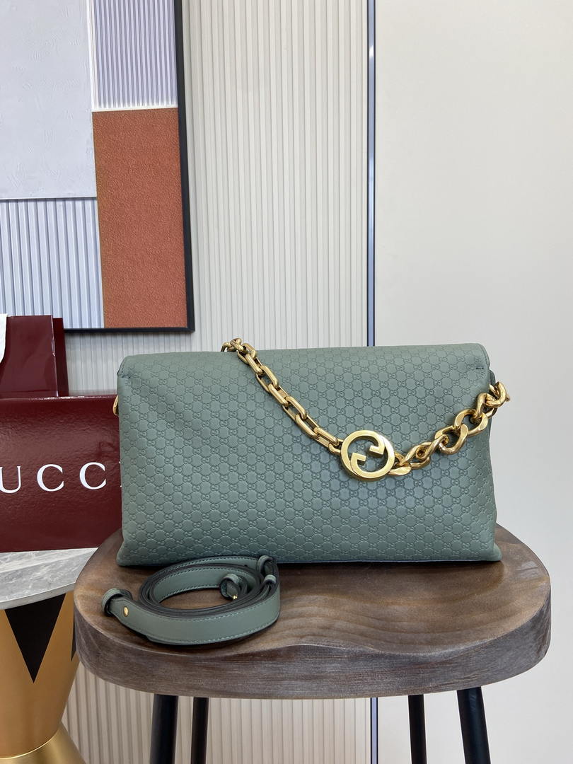 Gucci 857362 Large Shoulder With Chain Bag Leather Green GG