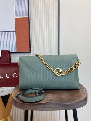 Gucci 857362 Large Shoulder With Chain Bag Leather Green GG - Default Title - View 3