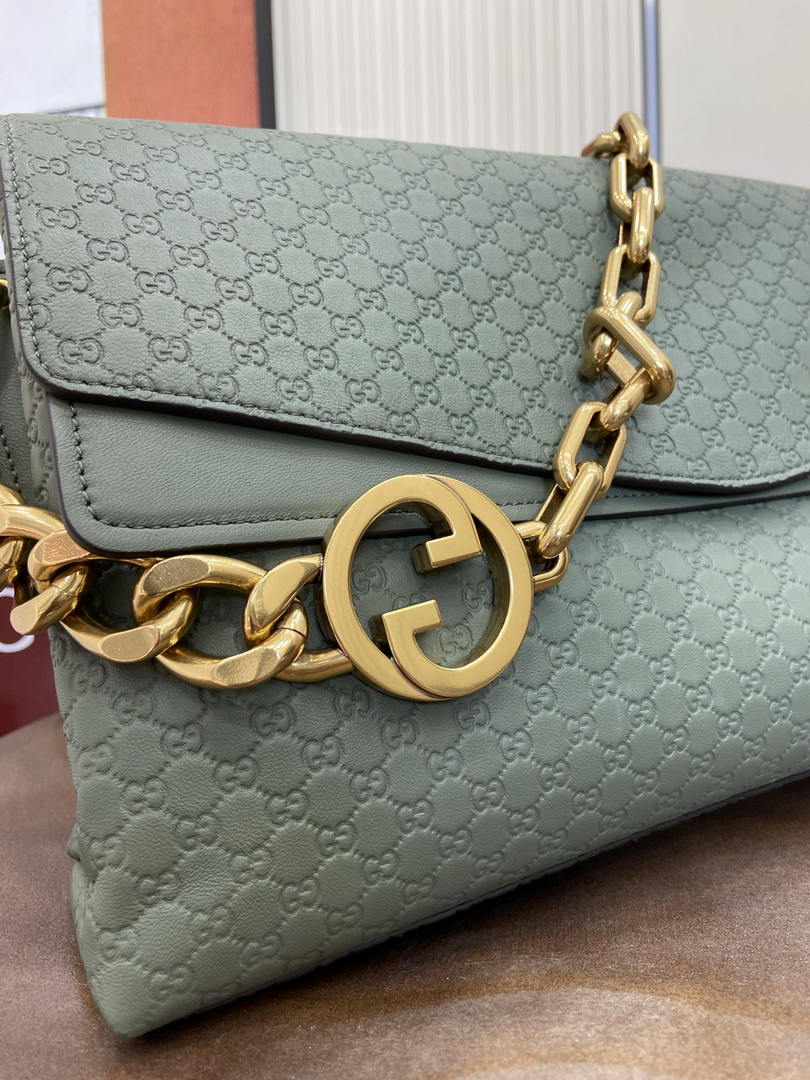 Gucci 857362 Large Shoulder With Chain Bag Leather Green GG