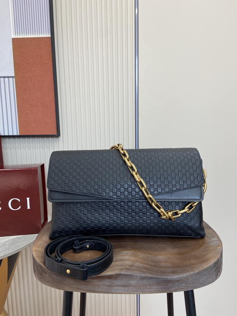 Gucci 857362 Large Shoulder With Chain Bag Leather Black GG