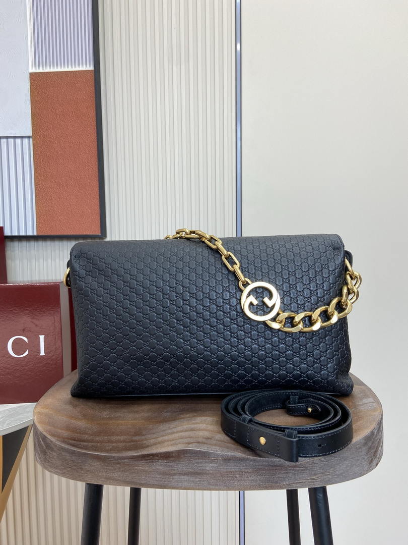 Gucci 857362 Large Shoulder With Chain Bag Leather Black GG