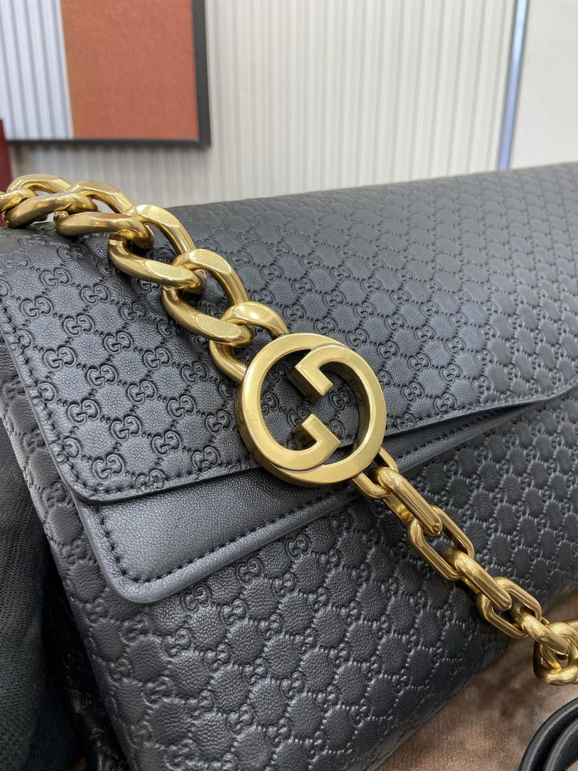 Gucci 857362 Large Shoulder With Chain Bag Leather Black GG