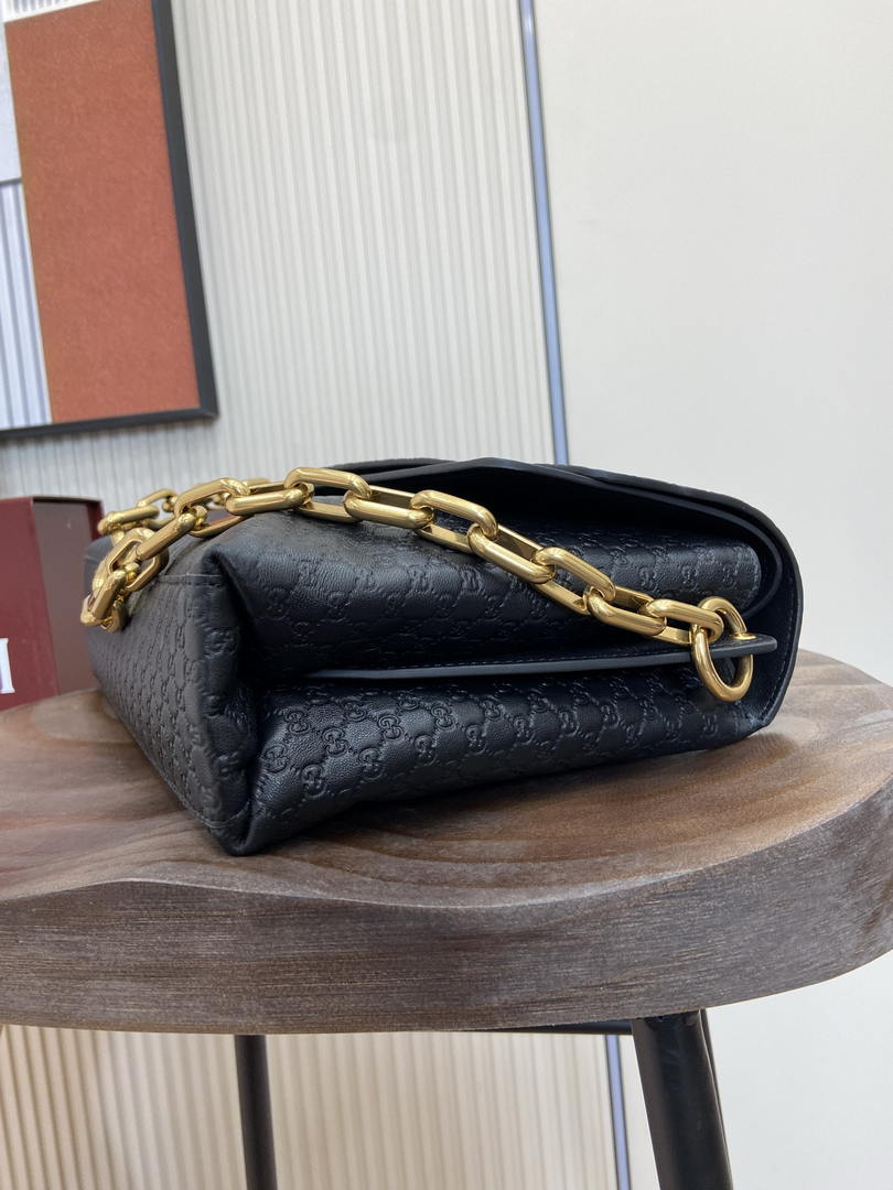 Gucci 857362 Large Shoulder With Chain Bag Leather Black GG