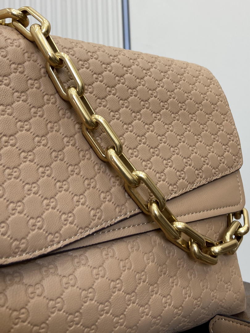 Gucci 857362 Large Shoulder With Chain Bag Leather Tan GG
