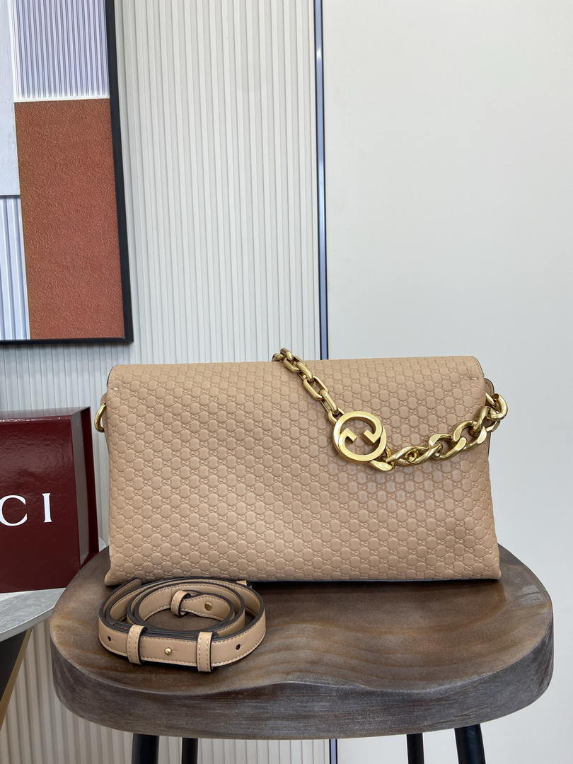 Gucci 857362 Large Shoulder With Chain Bag Leather Tan GG