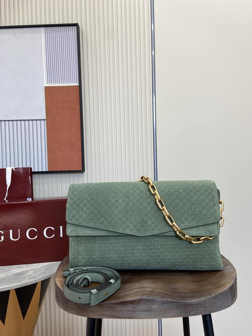 Gucci 857362 Large Shoulder With Chain Bag Suede Green GG