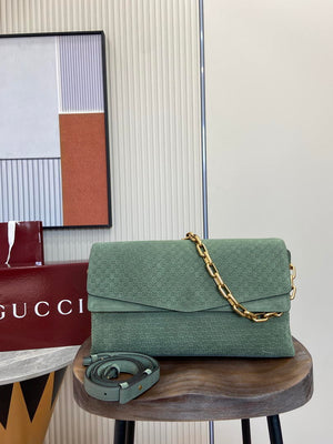 Gucci 857362 Large Shoulder With Chain Bag Suede Green GG - Default Title - View 1