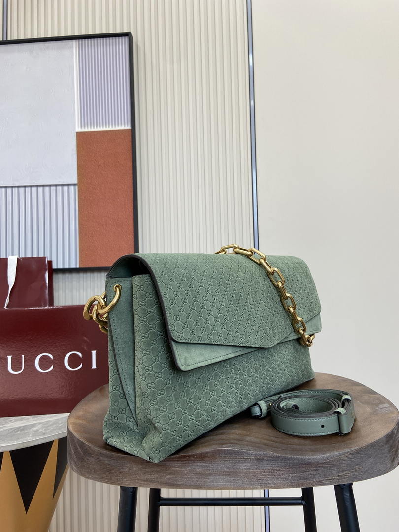 Gucci 857362 Large Shoulder With Chain Bag Suede Green GG
