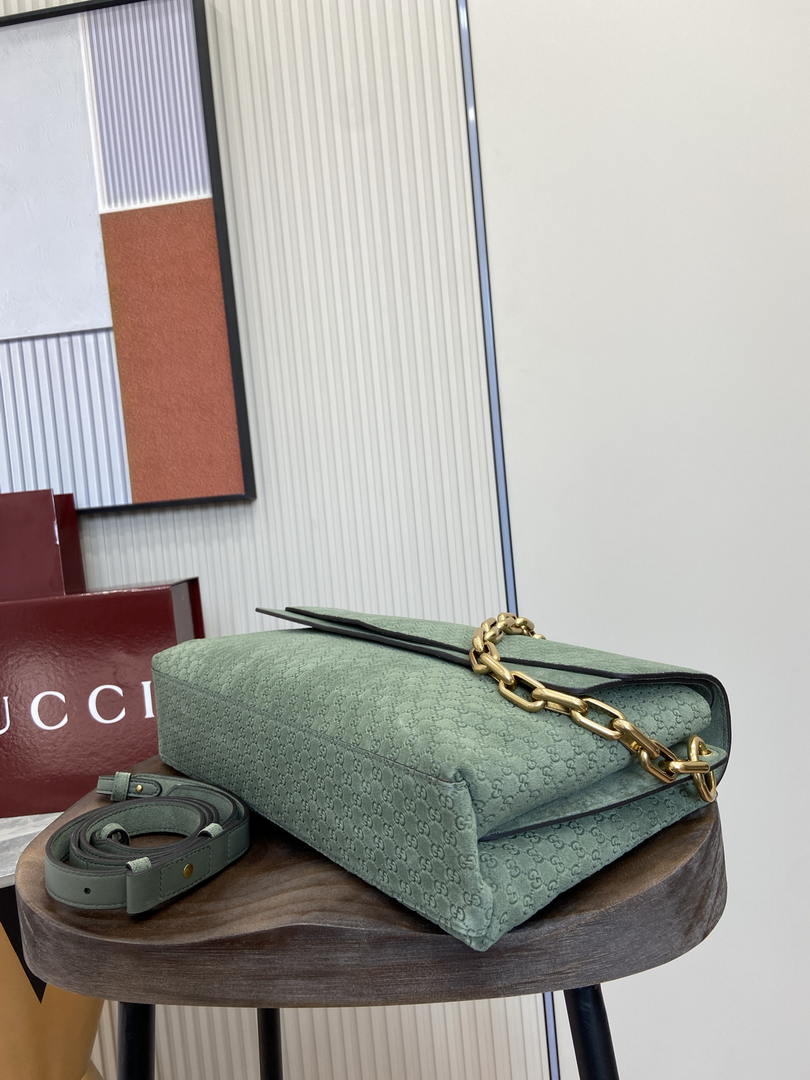 Gucci 857362 Large Shoulder With Chain Bag Suede Green GG