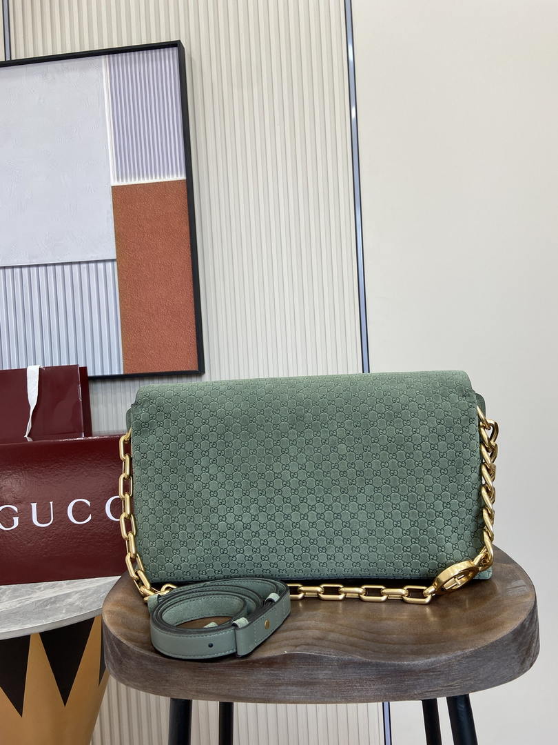 Gucci 857362 Large Shoulder With Chain Bag Suede Green GG