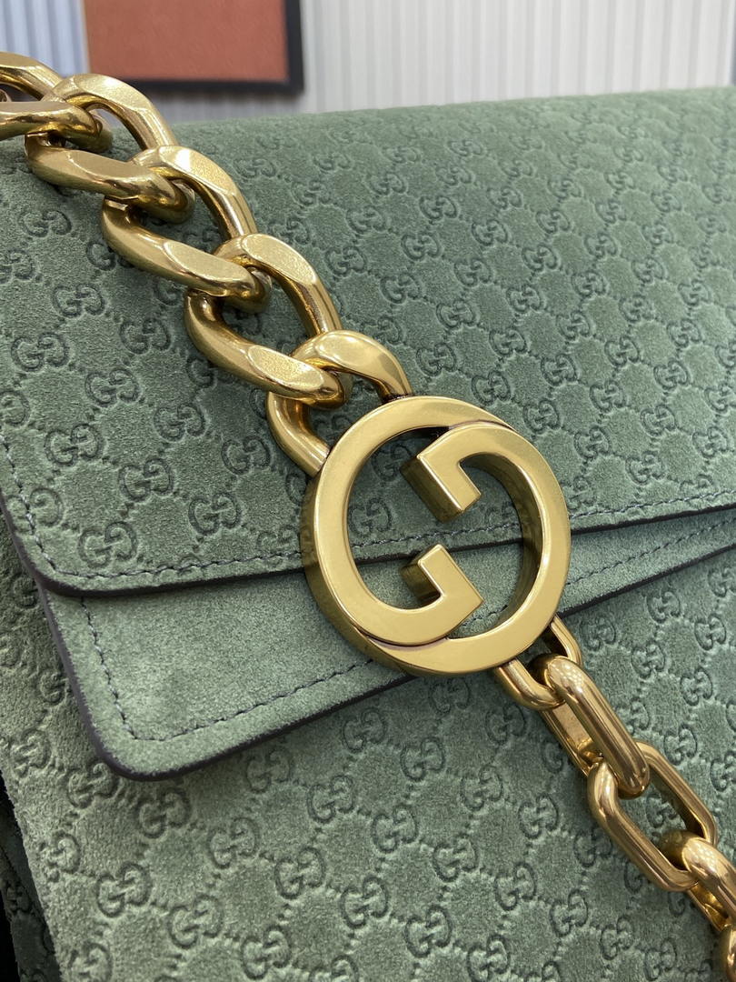 Gucci 857362 Large Shoulder With Chain Bag Suede Green GG