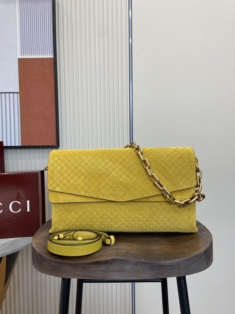 Gucci 857362 Large Shoulder With Chain Bag Suede Yellow GG