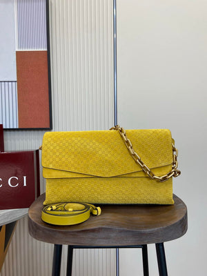 Gucci 857362 Large Shoulder With Chain Bag Suede Yellow GG - Default Title - View 1