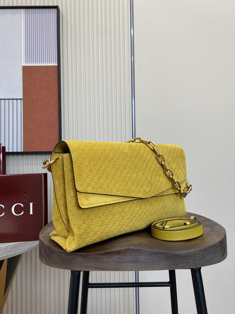 Gucci 857362 Large Shoulder With Chain Bag Suede Yellow GG