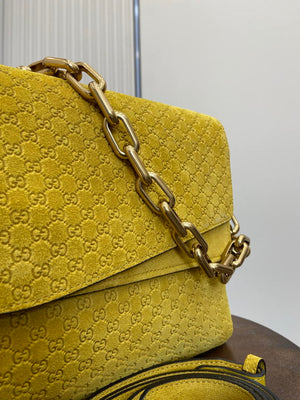 Gucci 857362 Large Shoulder With Chain Bag Suede Yellow GG - Default Title - View 3