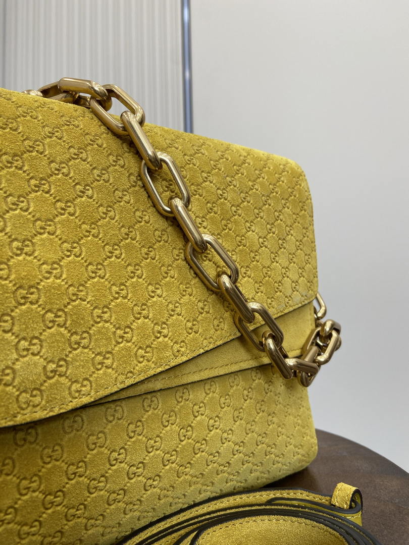 Gucci 857362 Large Shoulder With Chain Bag Suede Yellow GG