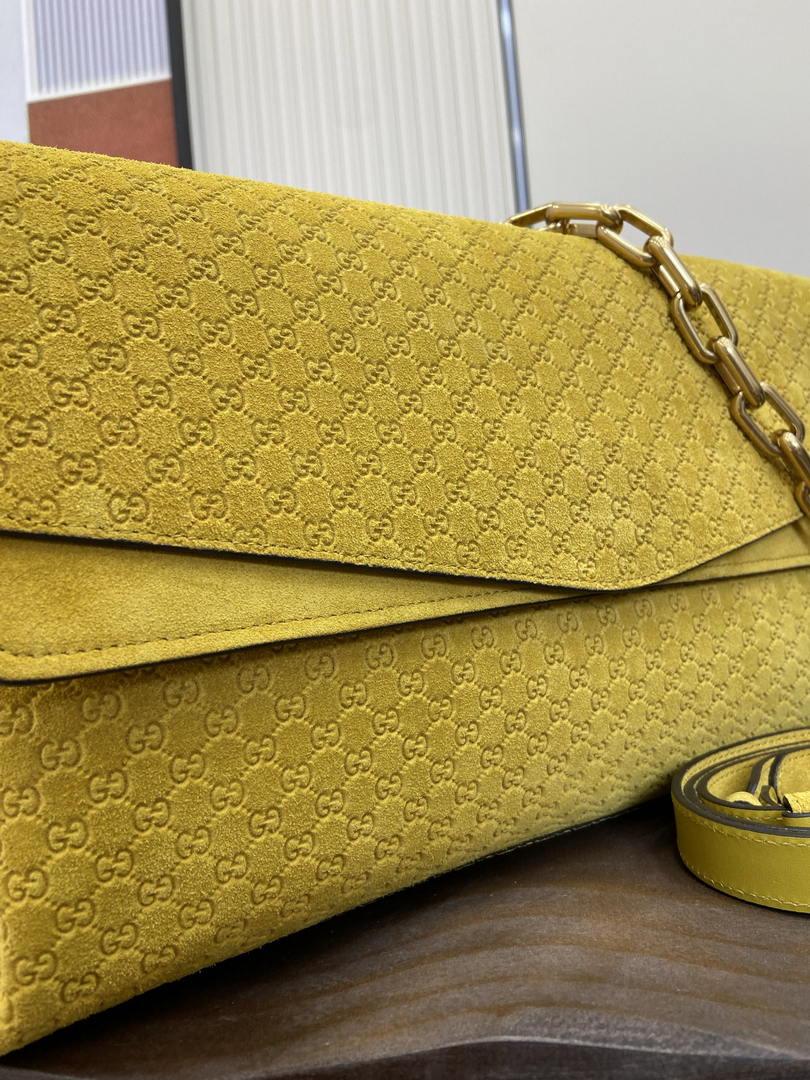 Gucci 857362 Large Shoulder With Chain Bag Suede Yellow GG