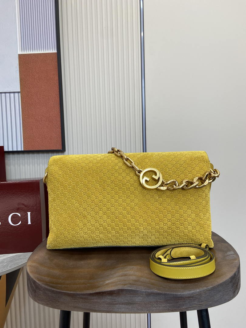 Gucci 857362 Large Shoulder With Chain Bag Suede Yellow GG