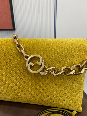 Gucci 857362 Large Shoulder With Chain Bag Suede Yellow GG - Default Title - View 6