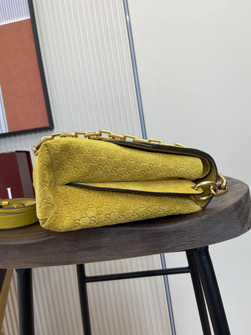 Gucci 857362 Large Shoulder With Chain Bag Suede Yellow GG