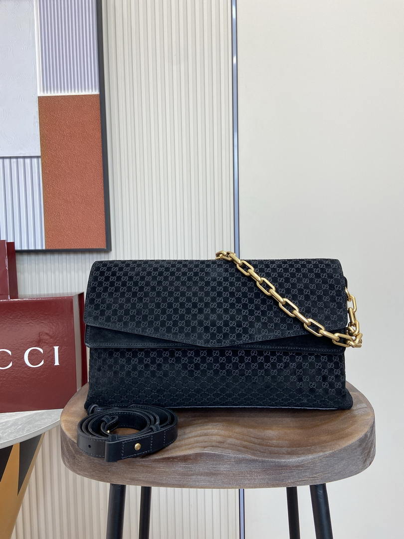 Gucci 857362 Large Shoulder With Chain Bag Suede Black GG