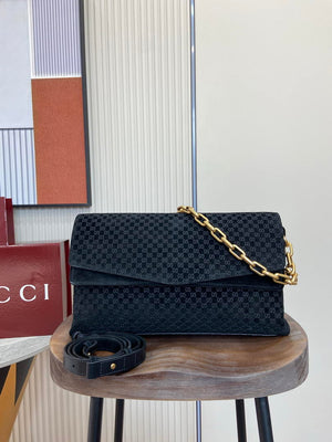 Gucci 857362 Large Shoulder With Chain Bag Suede Black GG - Default Title - View 1