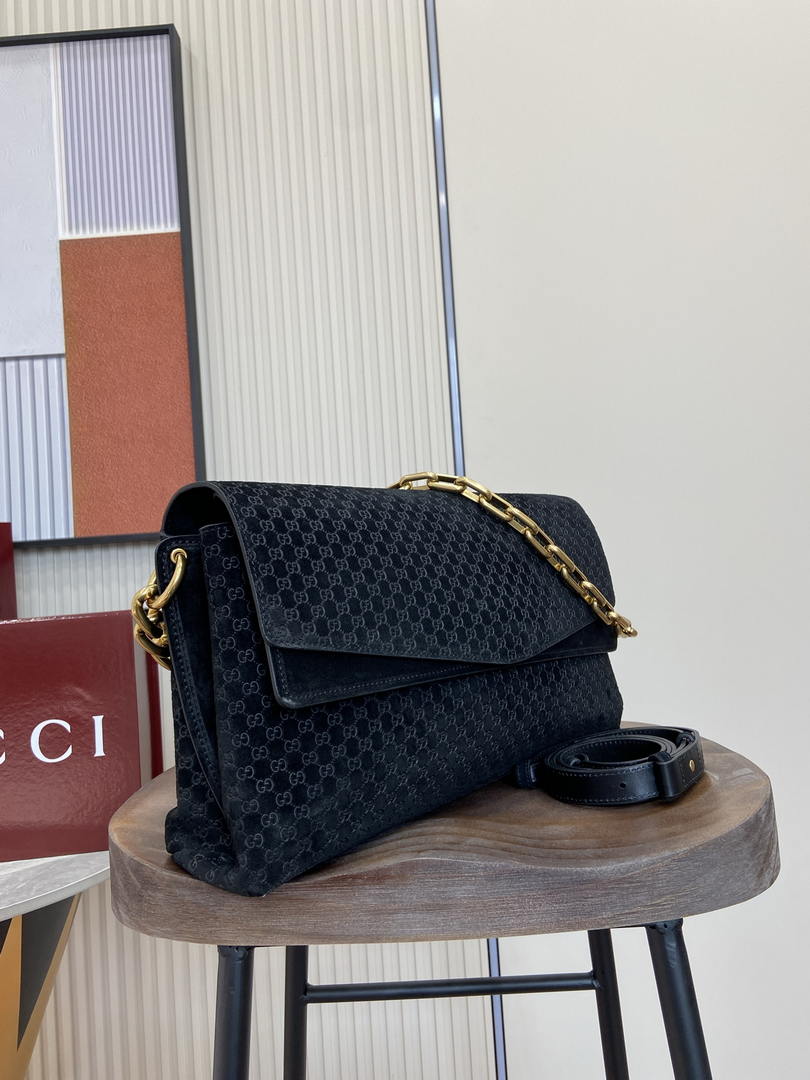 Gucci 857362 Large Shoulder With Chain Bag Suede Black GG