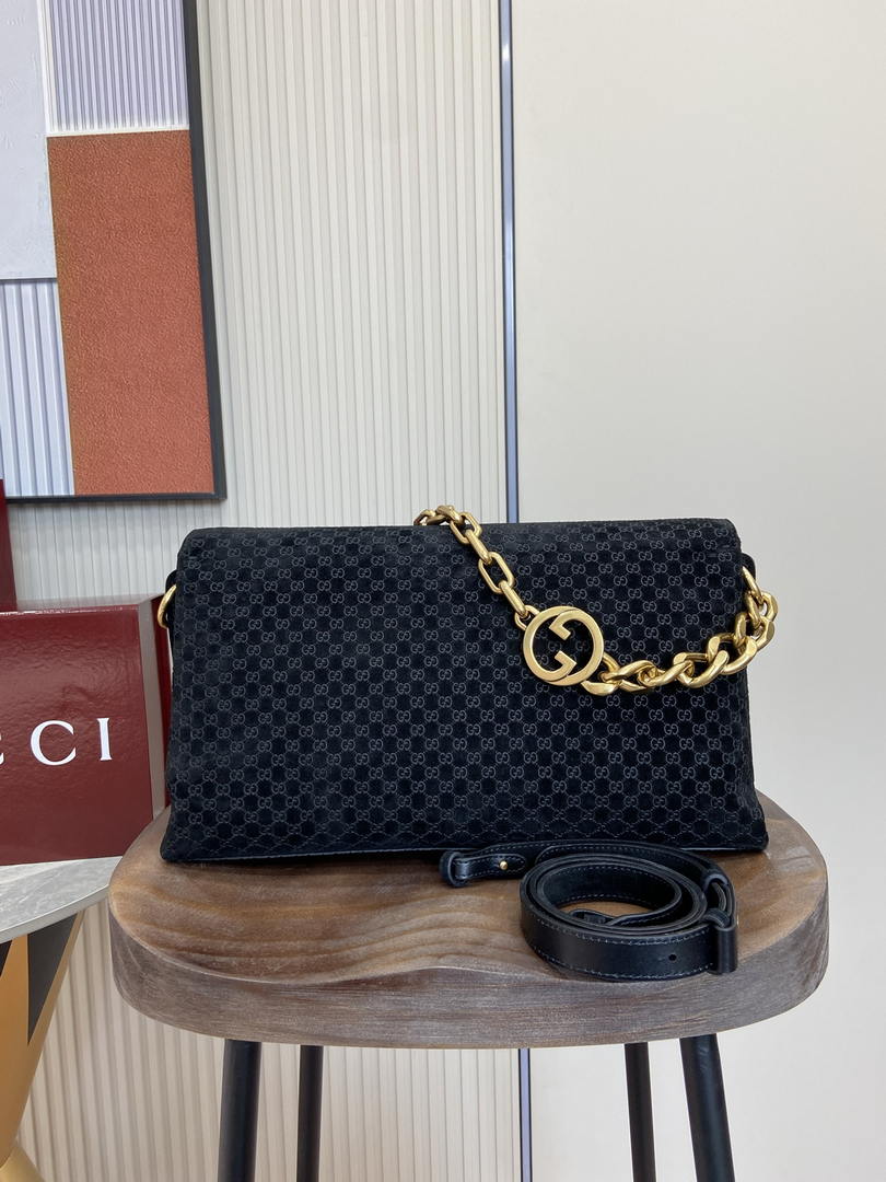 Gucci 857362 Large Shoulder With Chain Bag Suede Black GG
