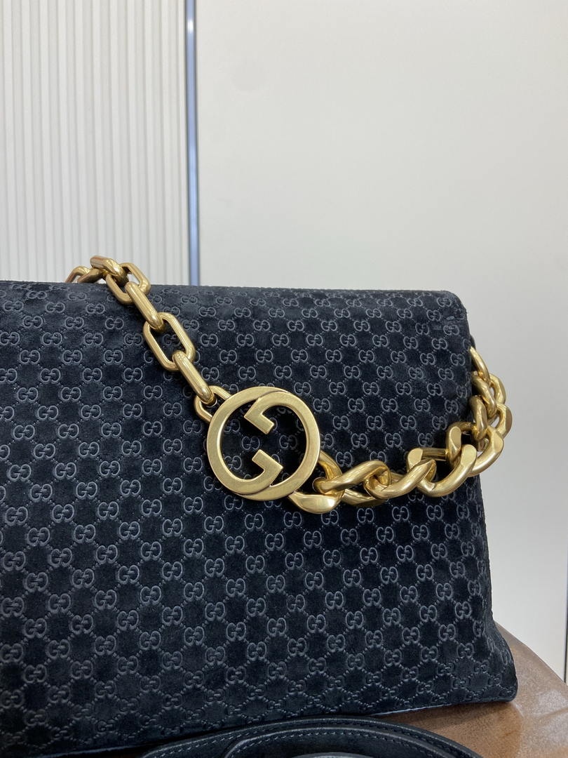 Gucci 857362 Large Shoulder With Chain Bag Suede Black GG