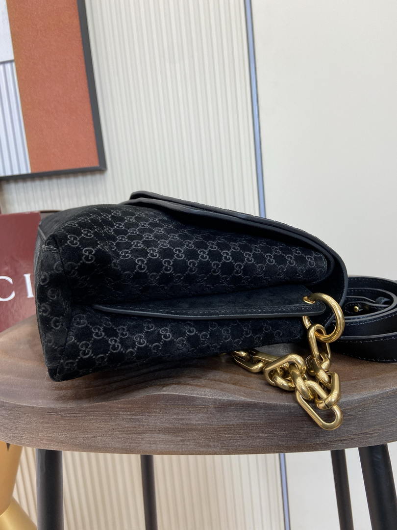 Gucci 857362 Large Shoulder With Chain Bag Suede Black GG