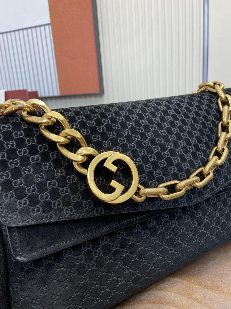 Gucci 857362 Large Shoulder With Chain Bag Suede Black GG