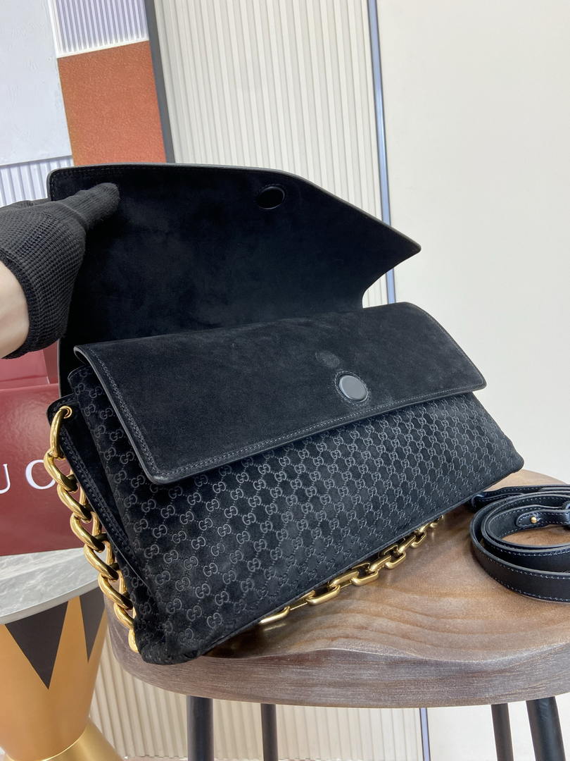 Gucci 857362 Large Shoulder With Chain Bag Suede Black GG