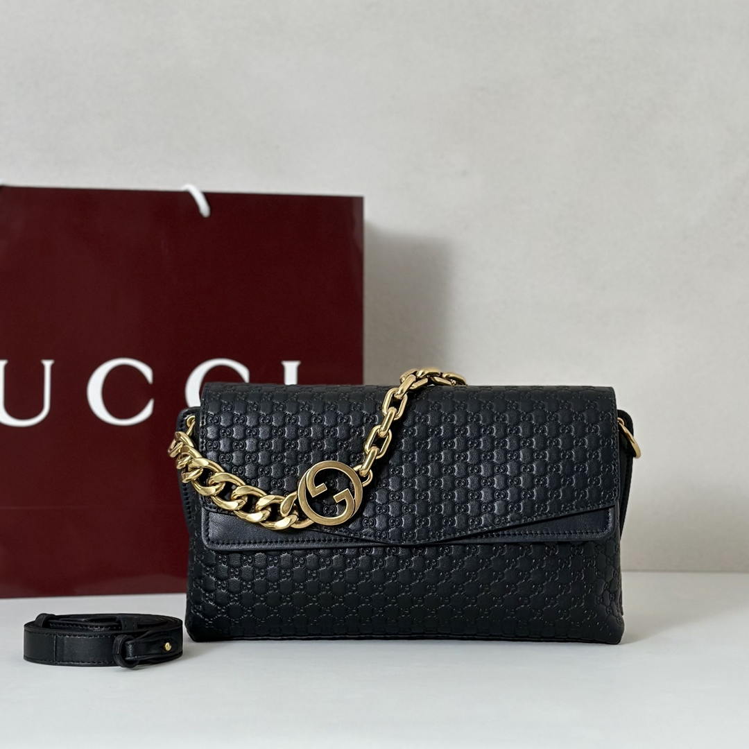 Gucci 857622 Medium Shoulder Bag Leather Black GG - Default Title - View 1