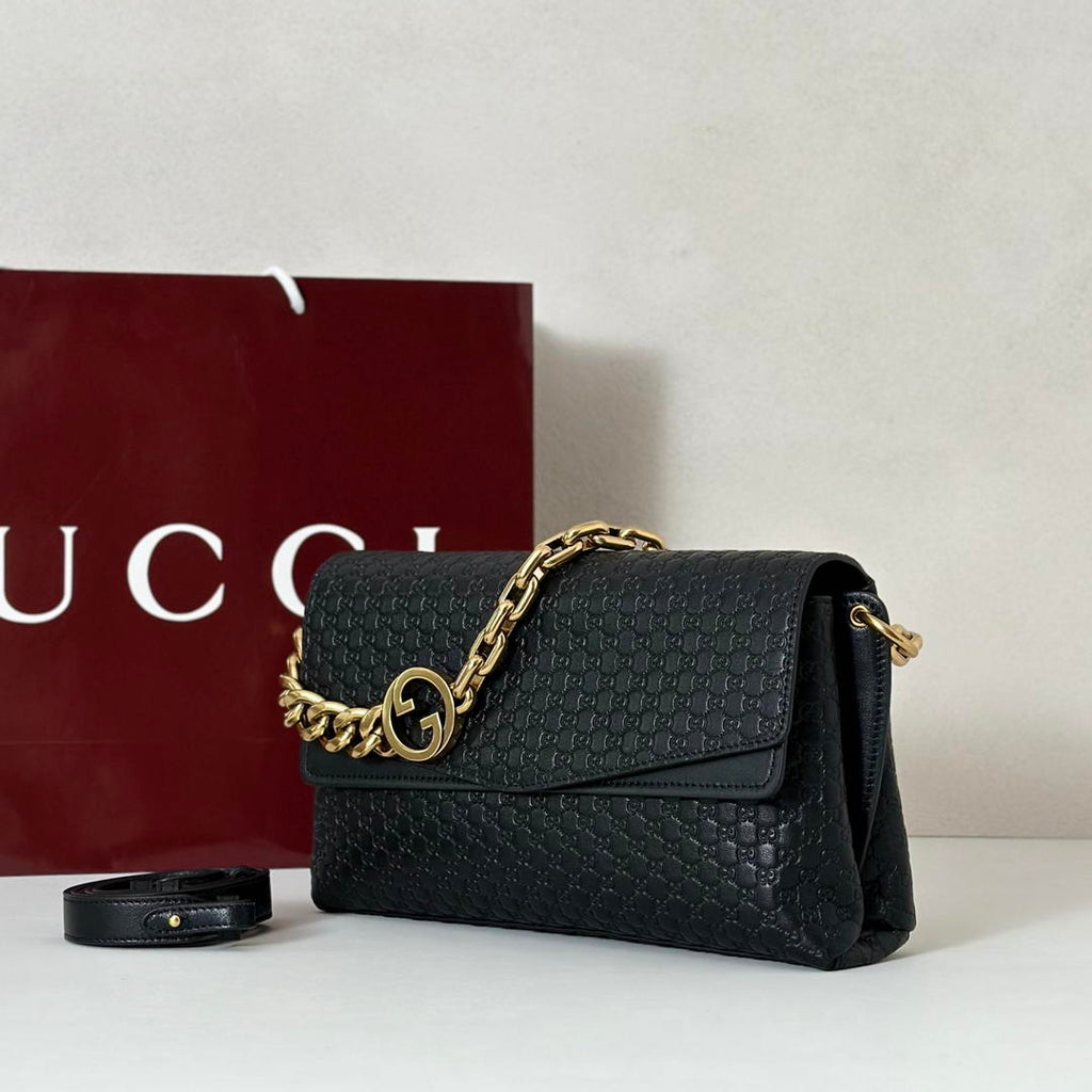 Gucci 857622 Medium Shoulder Bag Leather Black GG