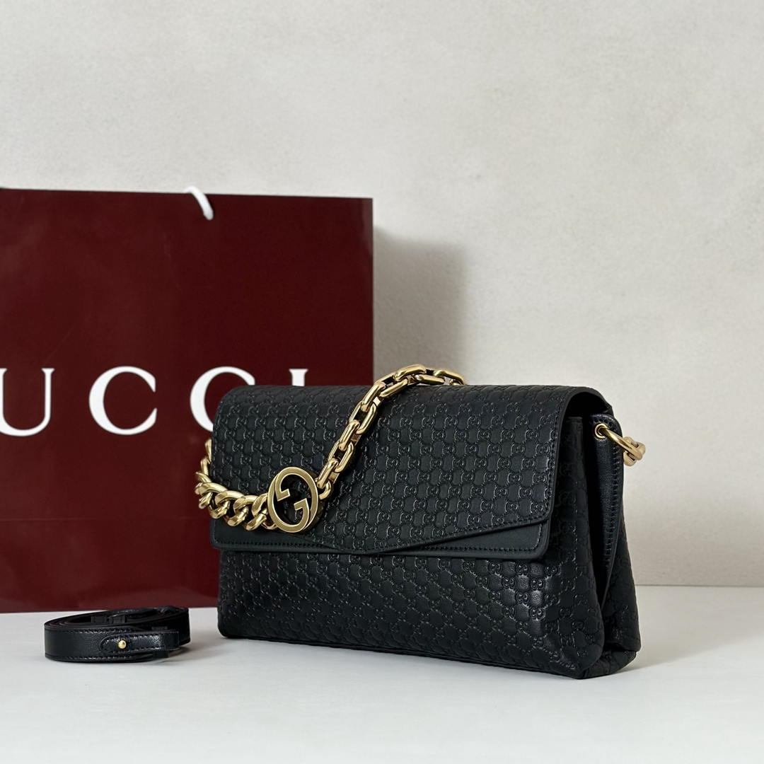 Gucci 857622 Medium Shoulder Bag Leather Black GG