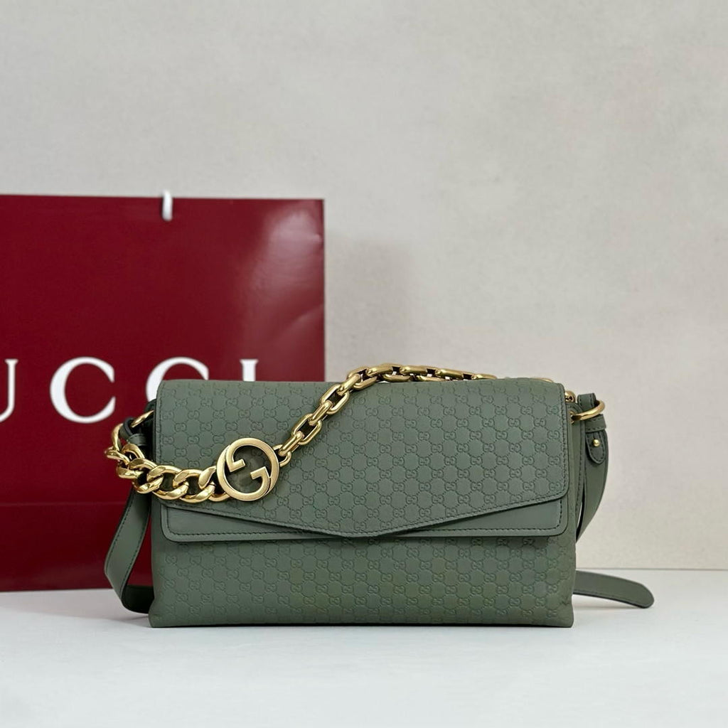 Gucci 857622 Medium Shoulder Bag Leather Green GG