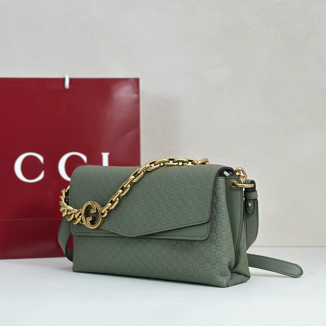 Gucci 857622 Medium Shoulder Bag Leather Green GG
