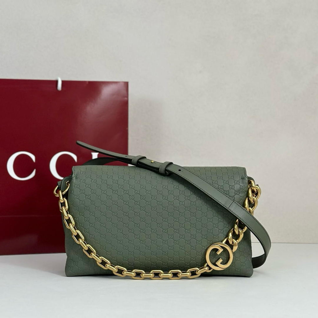 Gucci 857622 Medium Shoulder Bag Leather Green GG