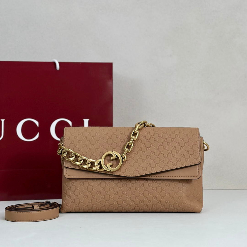 Gucci 857622 Medium Shoulder Bag Leather Tan GG