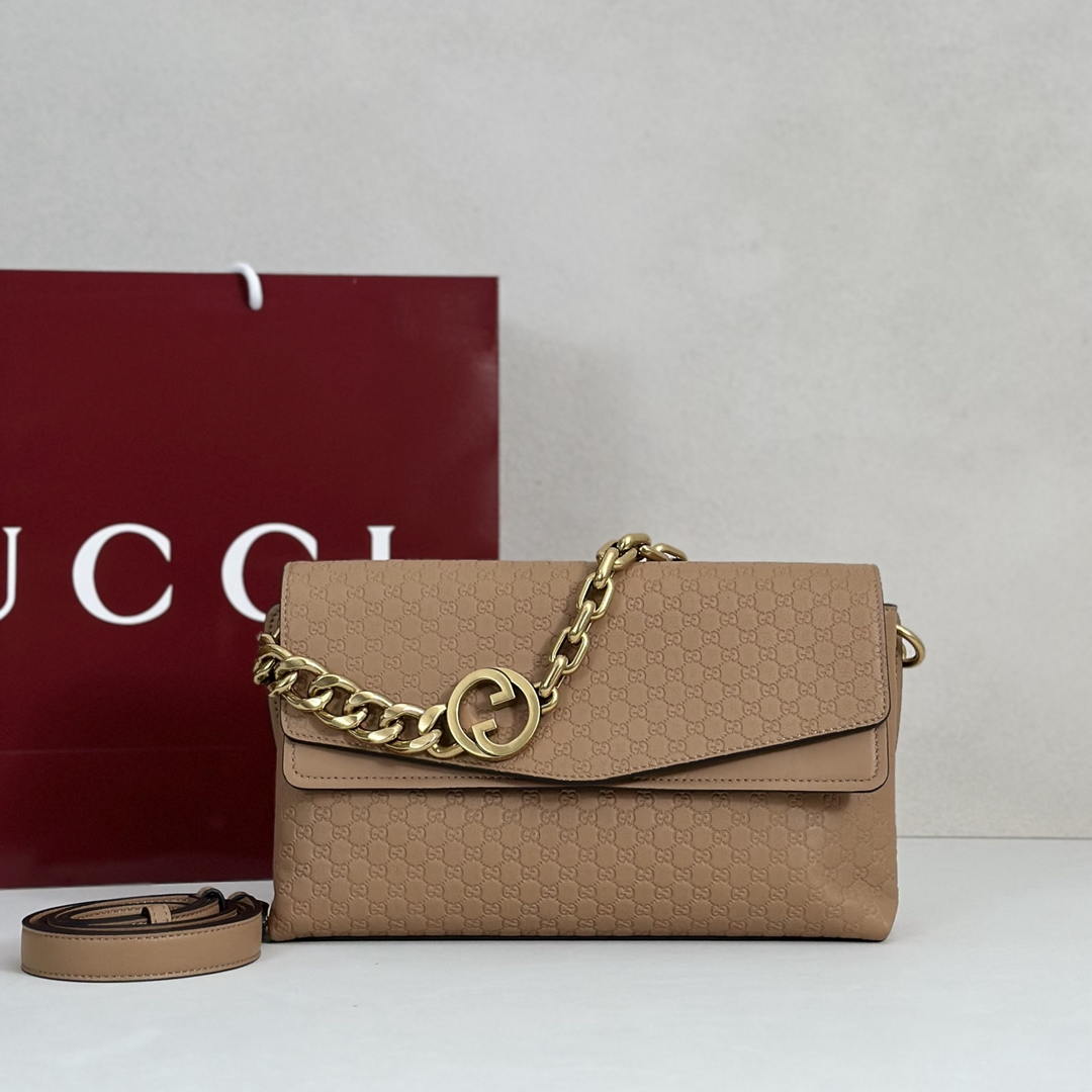 Gucci 857622 Medium Shoulder Bag Leather Tan GG