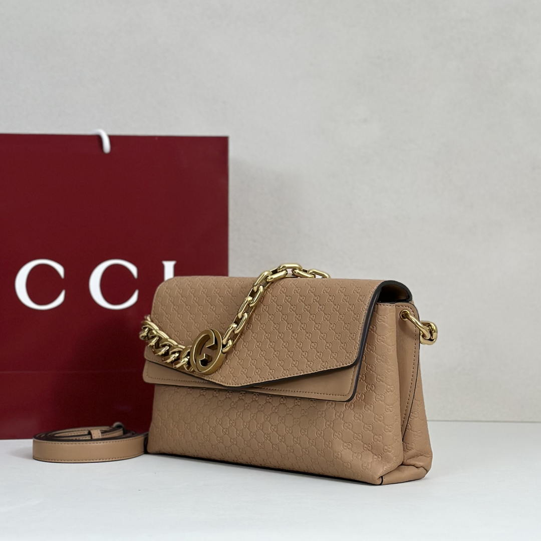 Gucci 857622 Medium Shoulder Bag Leather Tan GG