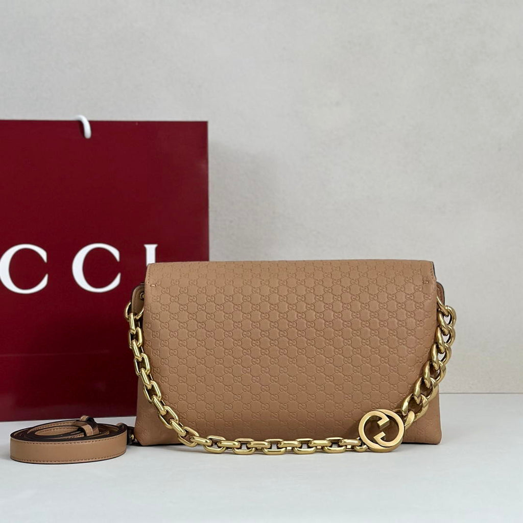 Gucci 857622 Medium Shoulder Bag Leather Tan GG
