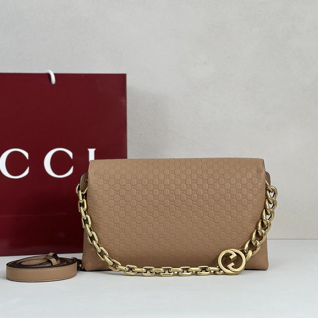 Gucci 857622 Medium Shoulder Bag Leather Tan GG