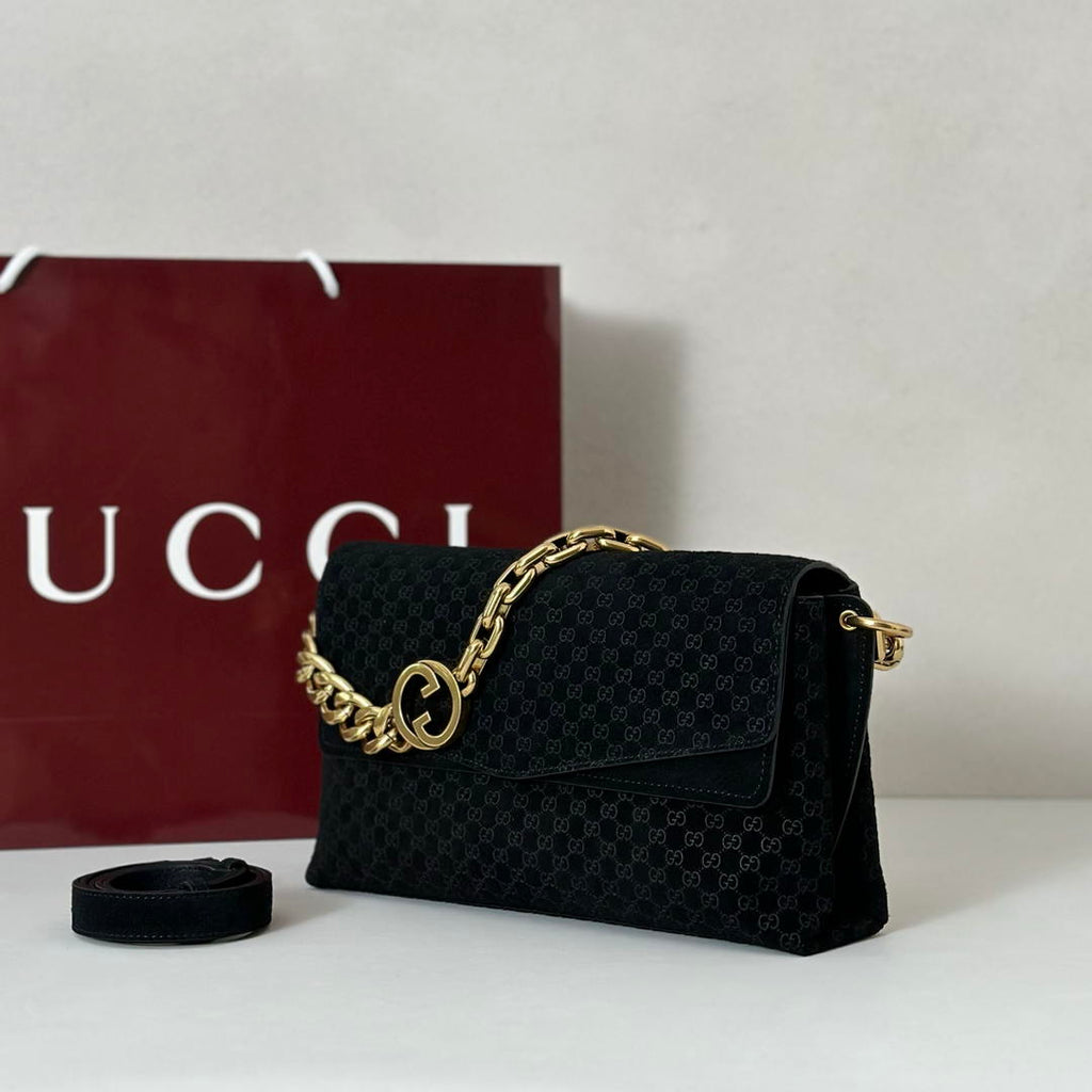 Gucci 857622 Medium Shoulder Bag Suede Black GG