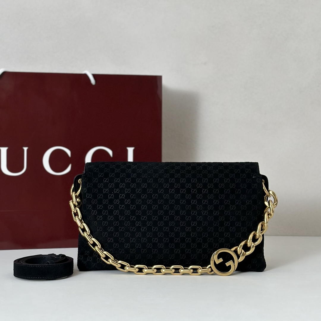 Gucci 857622 Medium Shoulder Bag Suede Black GG