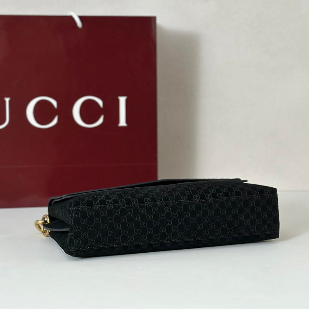 Gucci 857622 Medium Shoulder Bag Suede Black GG