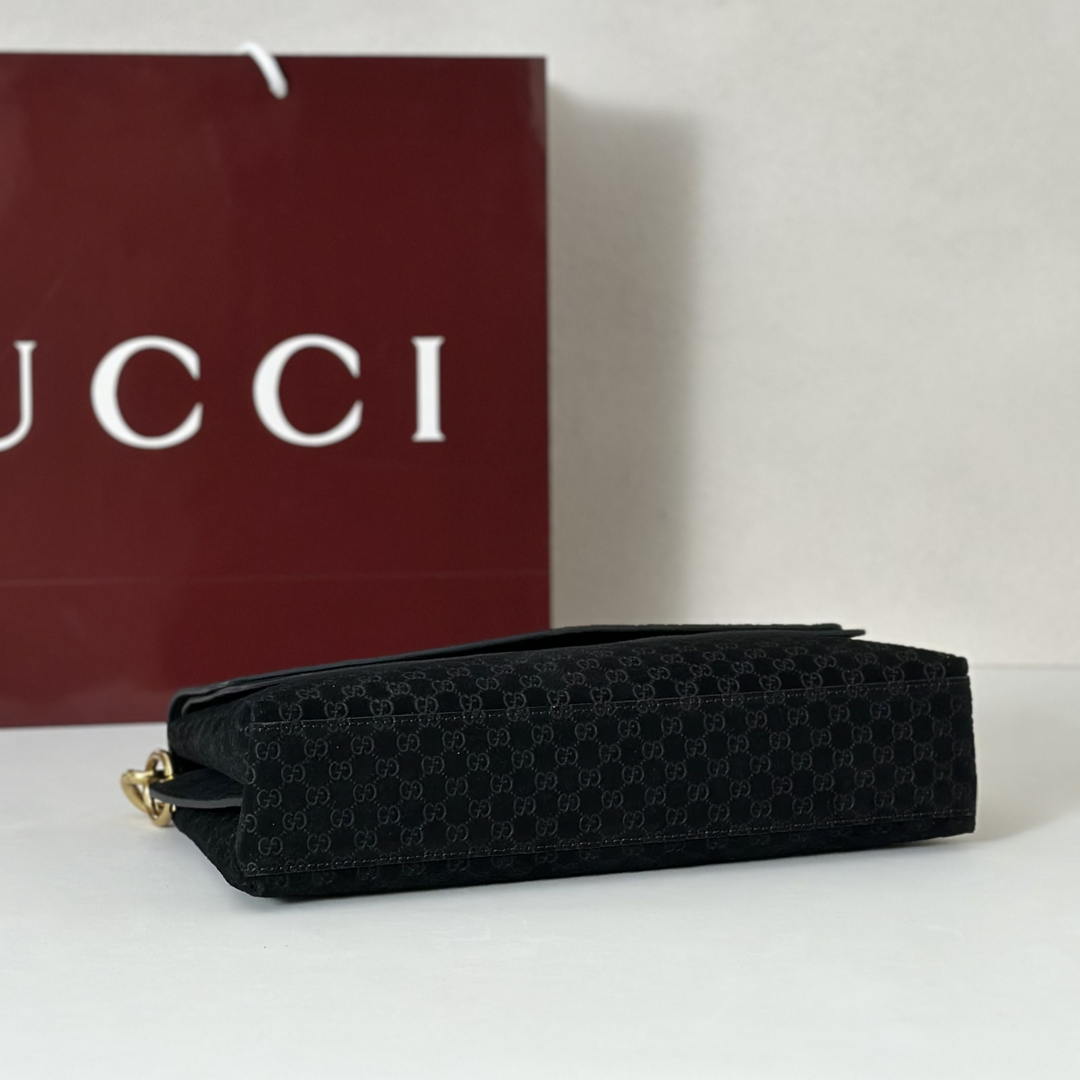Gucci 857622 Medium Shoulder Bag Suede Black GG
