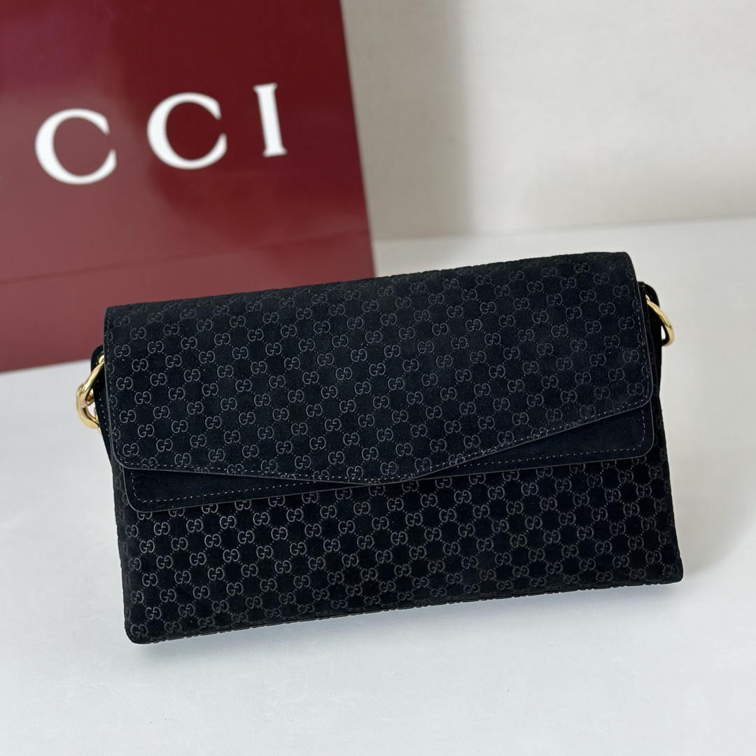 Gucci 857622 Medium Shoulder Bag Suede Black GG